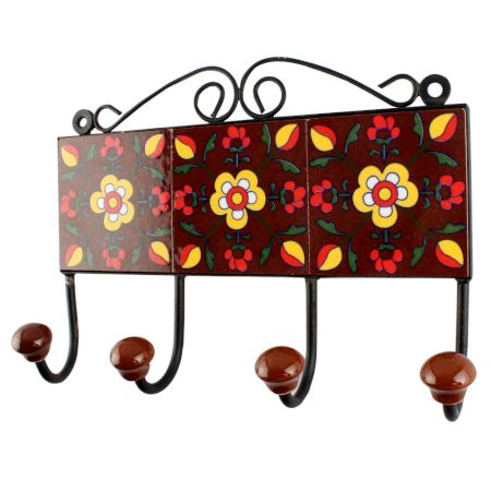 Dark Brown Ceramic Floral Tile Hook